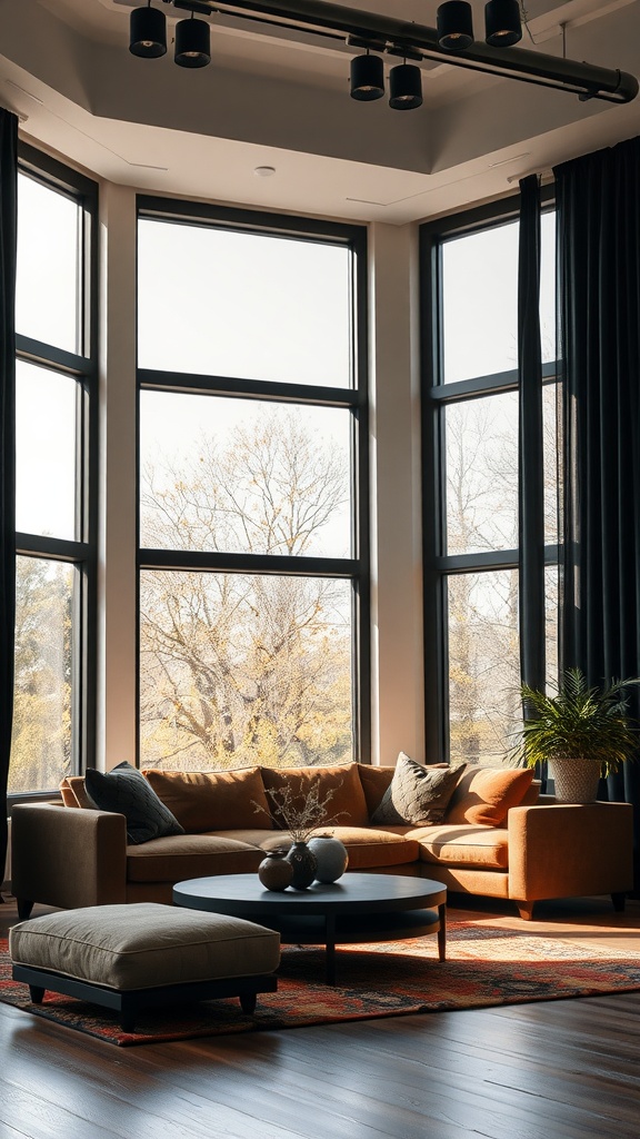 A stylish living room featuring black window treatments, large windows, and rust-colored furniture.