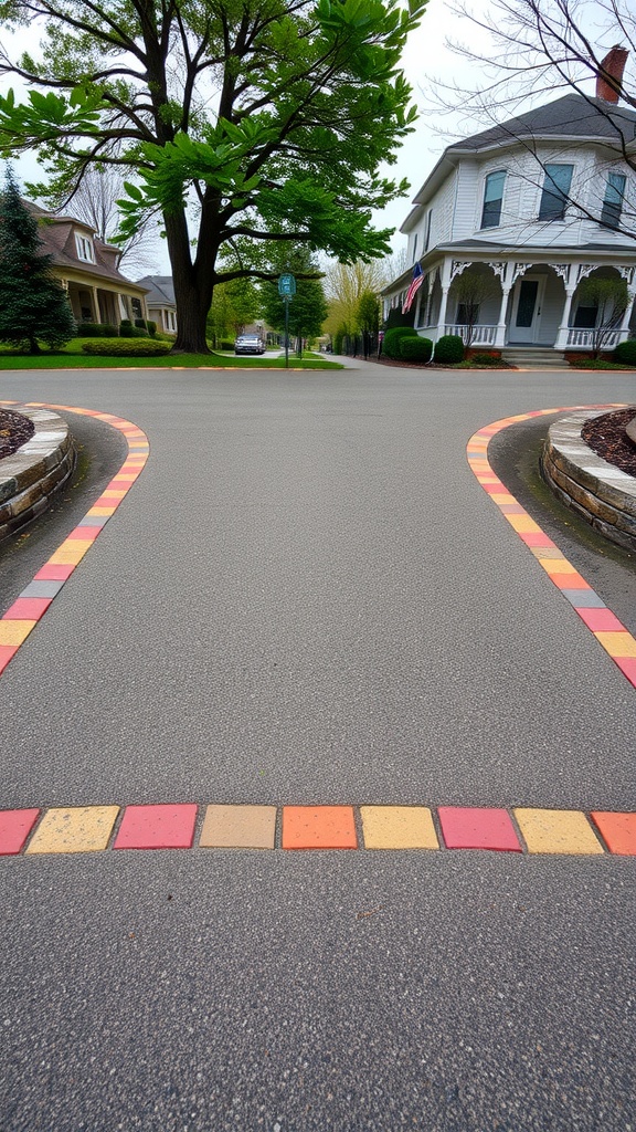 Driveway with colorful contrasting borders made from pavers