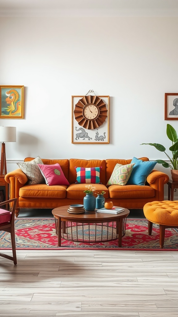 A vibrant living room featuring a brown sofa with colorful accent pillows, a round coffee table, and a rich area rug.