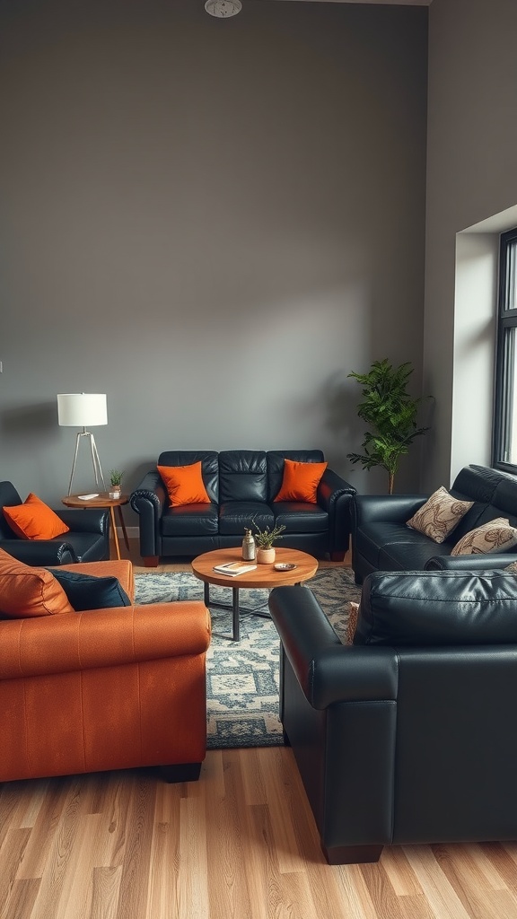 Living room featuring contrasting black and rust furniture with a cozy arrangement.