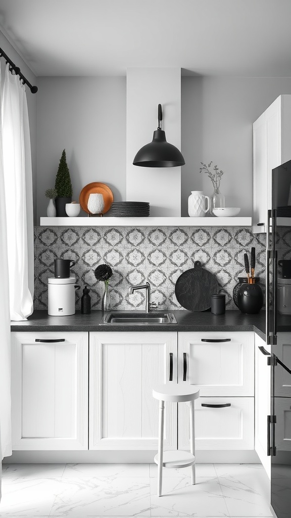 A minimalist black and white kitchen featuring contrasting textures with white cabinets, a dark countertop, and a textured backsplash.