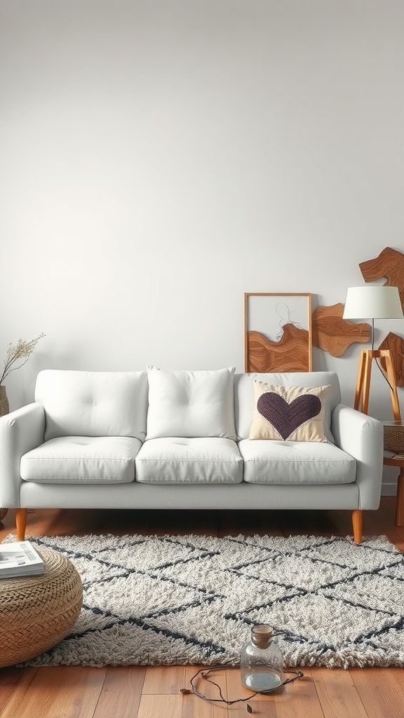 A cozy living room featuring a white couch surrounded by various textures like a woven pouf and a patterned rug.