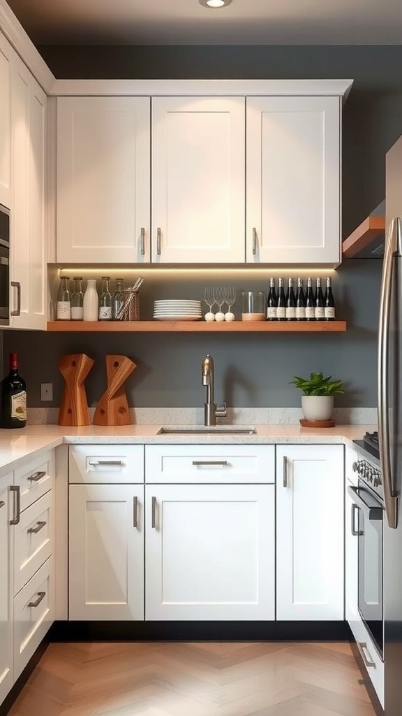 Modern kitchen corner cabinet with white cabinetry and open shelving