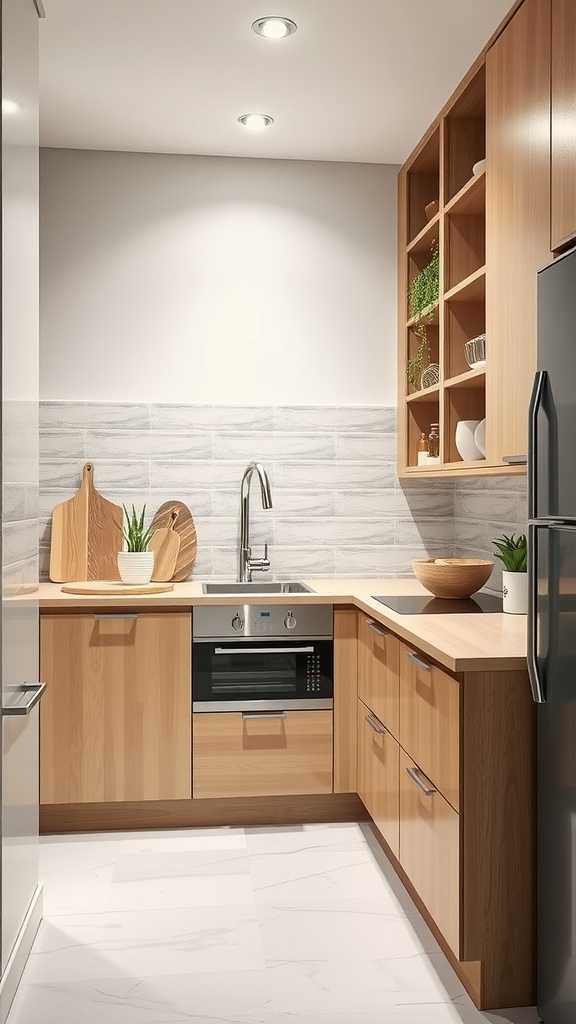 A modern corner kitchen with wooden cabinetry, open shelves, and a compact sink area.