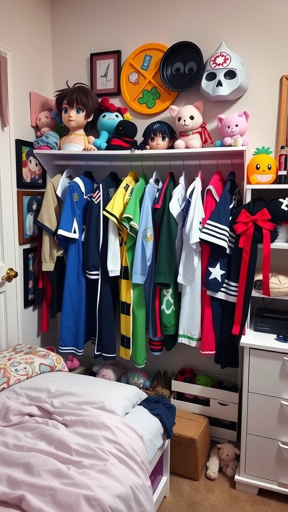 Anime bedroom with costumes displayed on a shelf and decorative plushies