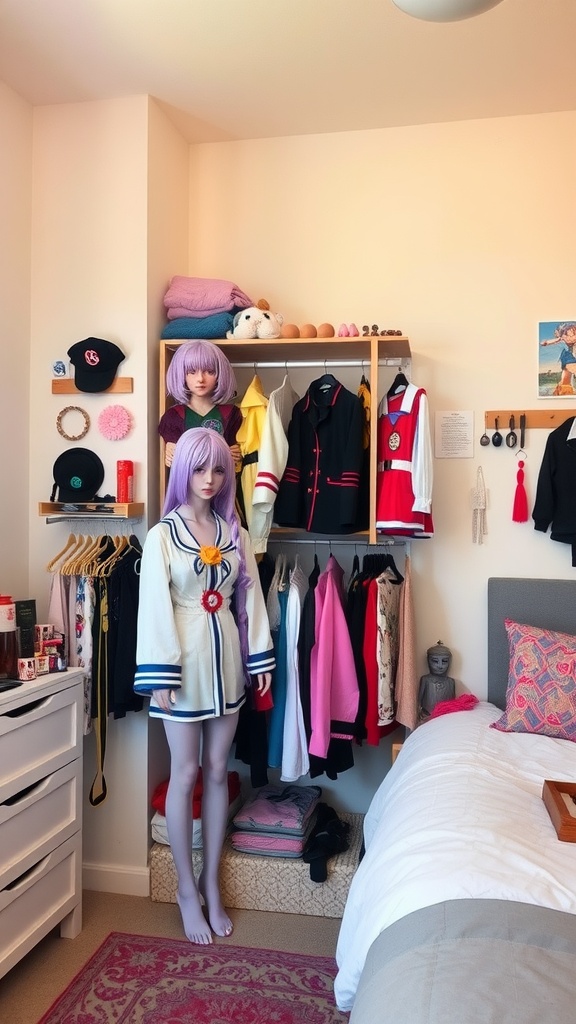 A cozy anime bedroom featuring a cosplay display area with costumes, hats, and a mannequin.