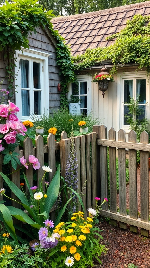 A charming cottage surrounded by colorful flowers and a wooden picket fence.