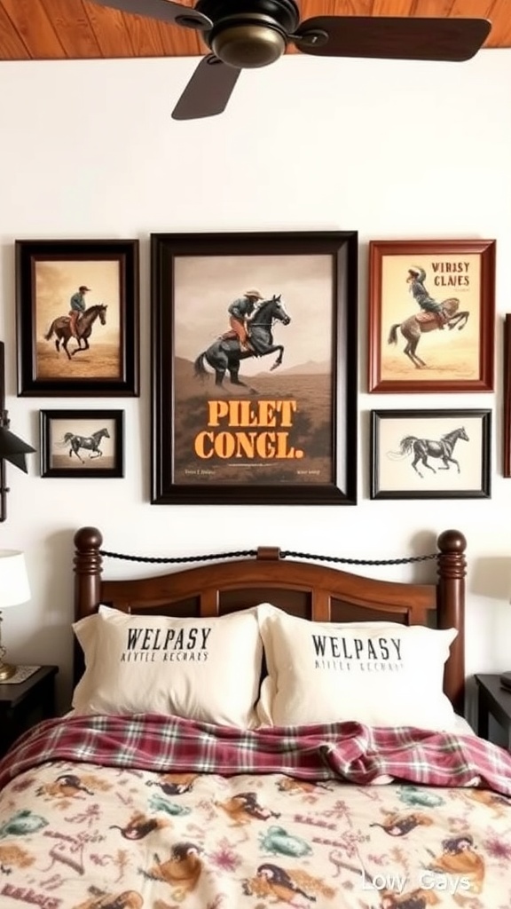 Cowboy-themed wall art with framed pictures of cowboys on horseback in a western-style bedroom