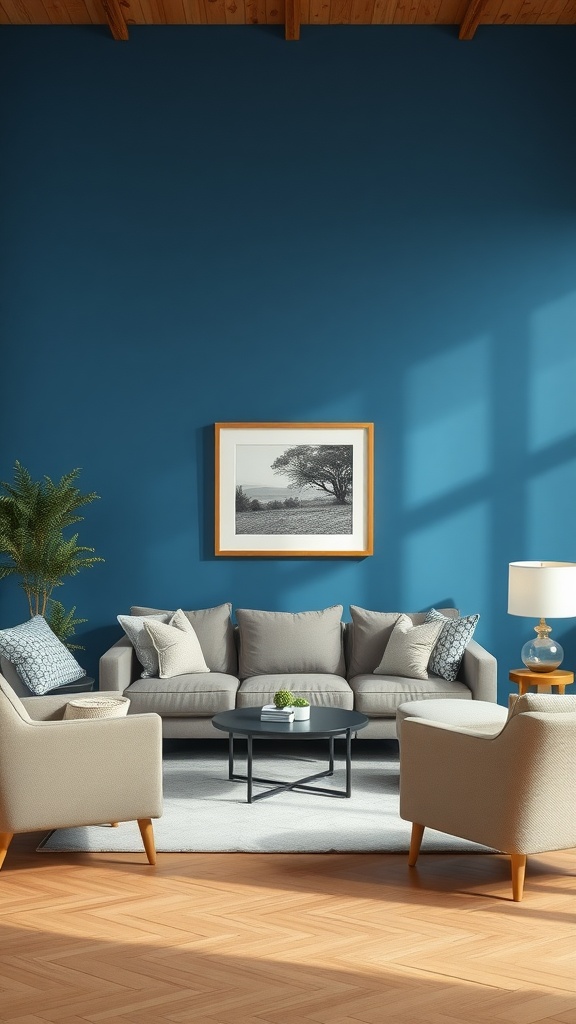 Living room with a blue accent wall, gray furniture, and natural decor