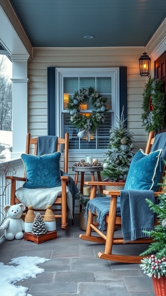 A cozy porch decorated for Christmas with blue pillows and blankets.