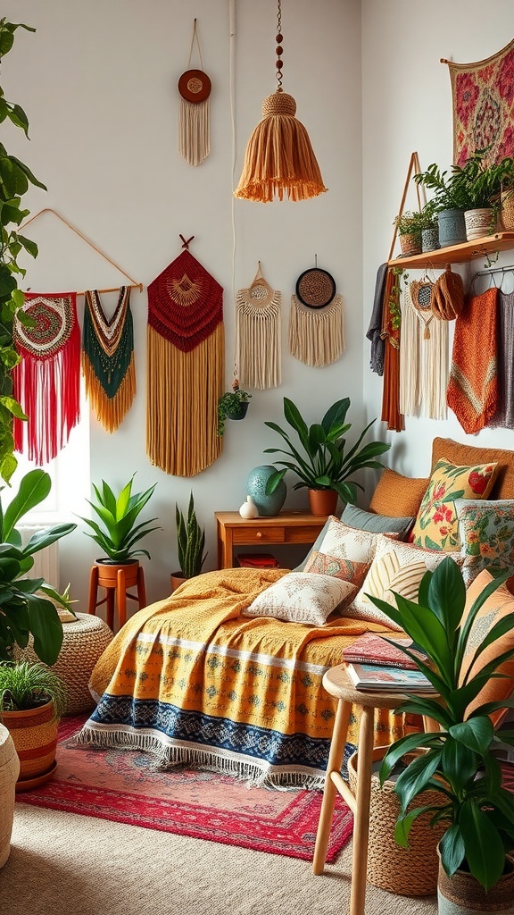 A cozy bohemian bedroom featuring woven wall hangings, plants, and warm-colored bedding.