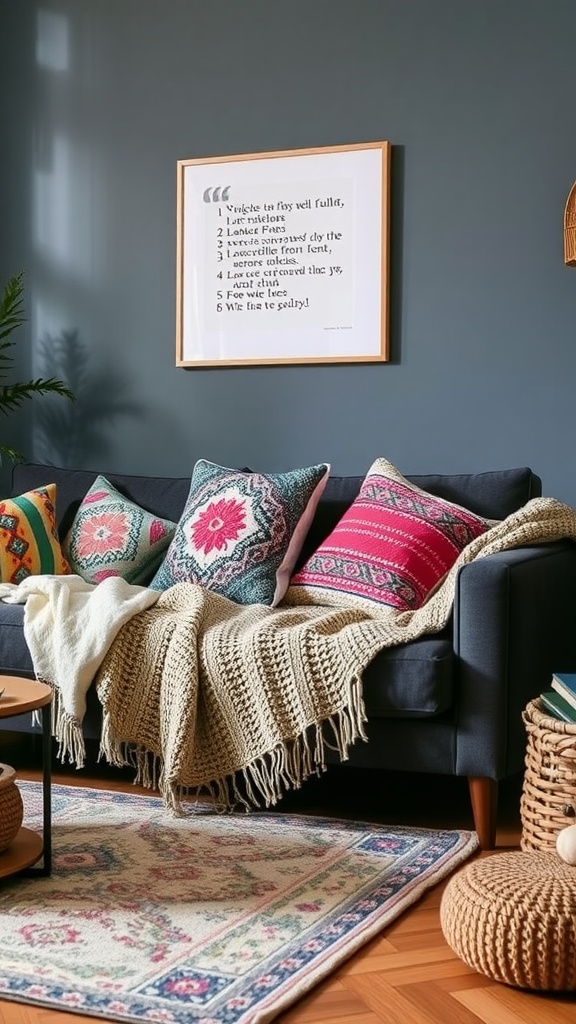 Cozy living room with a dark gray sofa, colorful throw pillows, a chunky knit blanket, and a decorative rug.