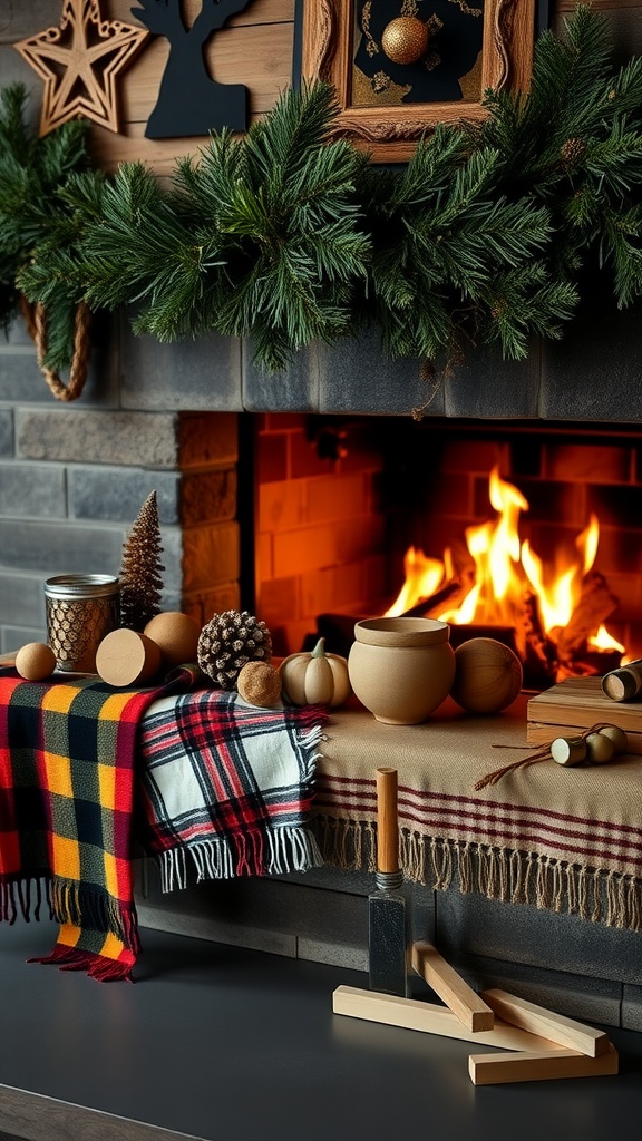 Rustic Christmas mantel decorated with plaid accents, a cozy fireplace, and natural elements.