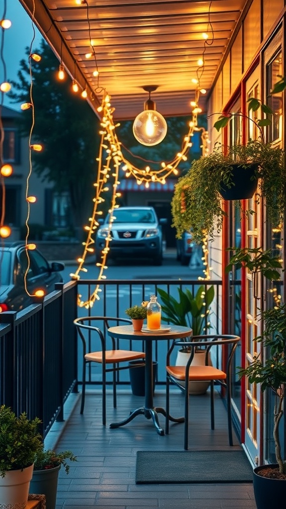 A cozy balcony adorned with warm white string lights, featuring a small table and chairs.