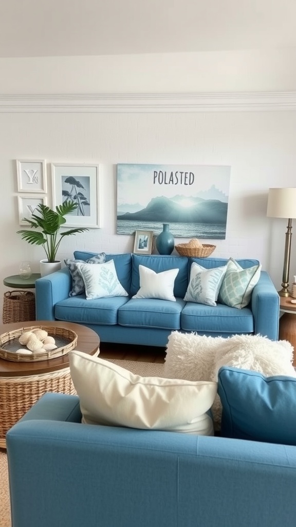 Living room with a blue couch, coastal decor, and calming elements.