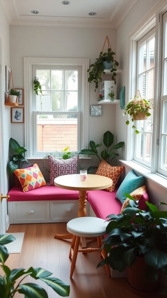 A cozy breakfast nook featuring a corner bench with colorful cushions, a small table, and indoor plants.