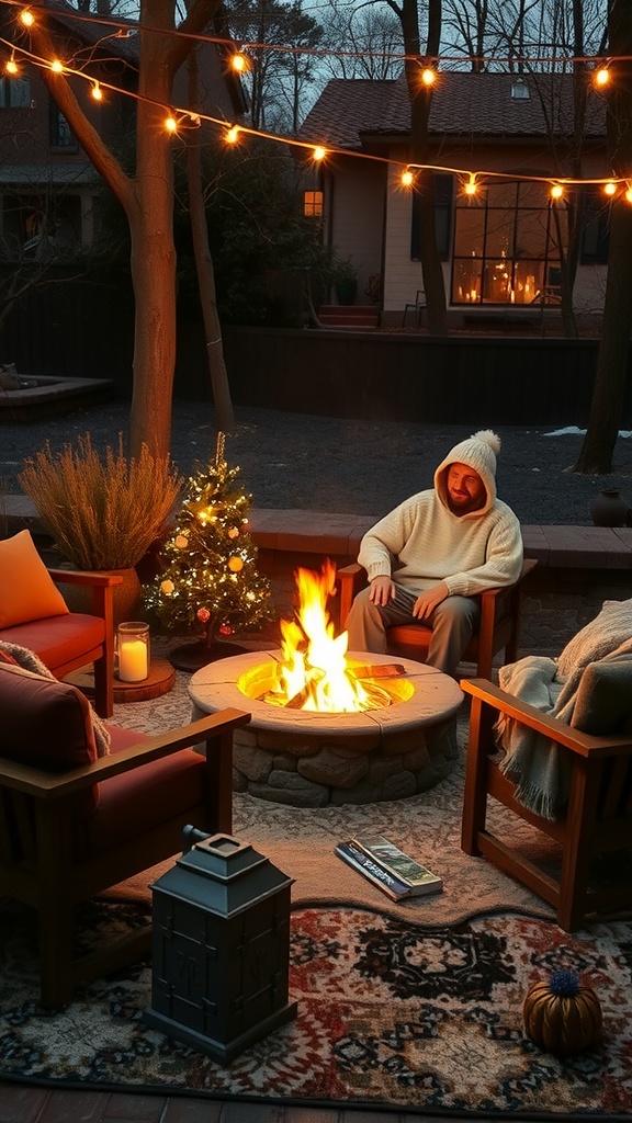 A cozy outdoor fire pit seating area with string lights, a warm fire, and comfortable chairs.