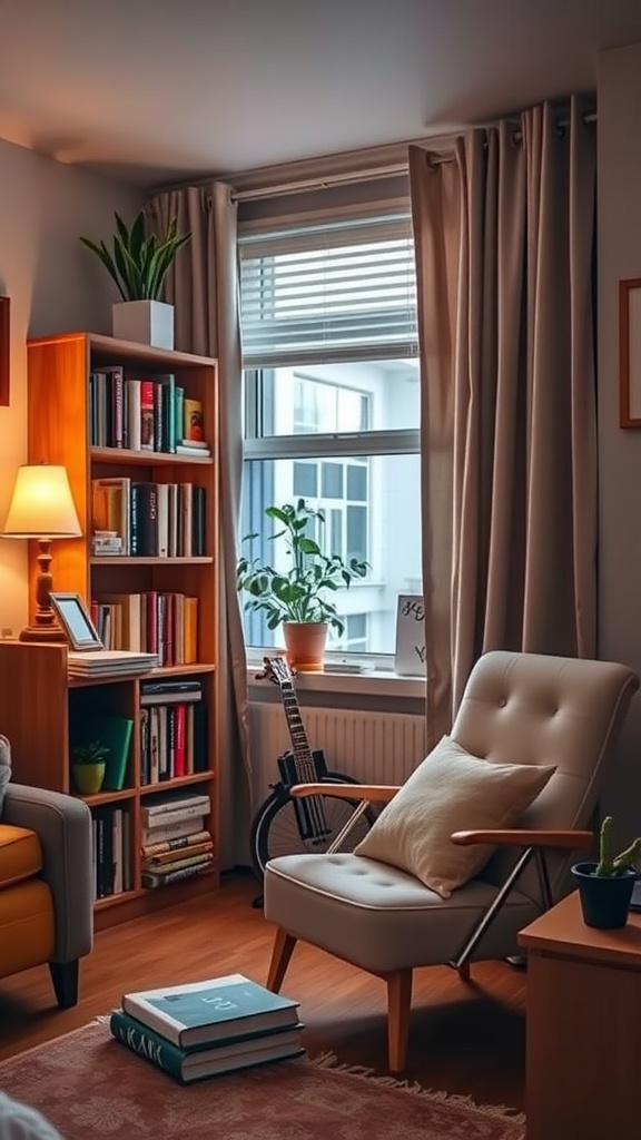 A cozy corner in a dorm living room with a reading nook featuring a comfortable chair, a bookshelf, plants, and a warm light.