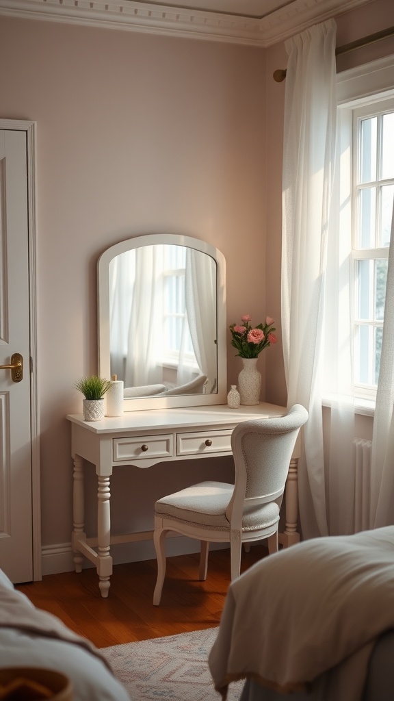 Cozy bedroom corner with a white vanity, mirror, chair, and flowers in soft lighting