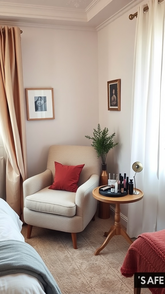 Cozy bedroom corner with an armchair, makeup essentials on a side table, and decorative elements.