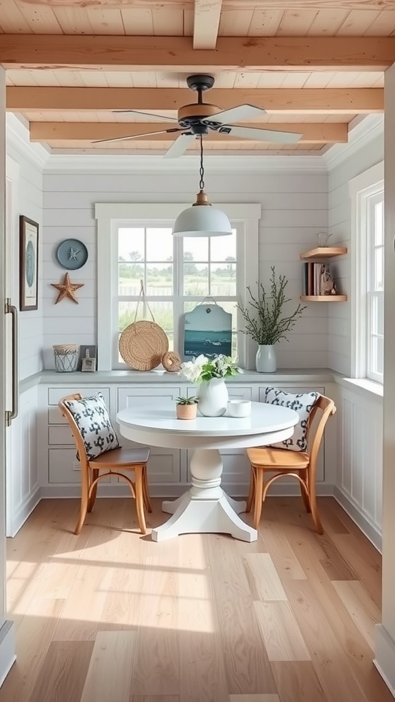 Cozy dining area with a round table and beach-themed decor