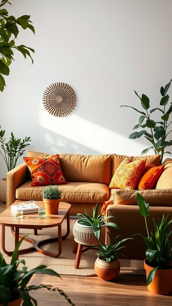 Cozy living room featuring a brown sofa with colorful pillows, a wooden coffee table, and various potted plants.