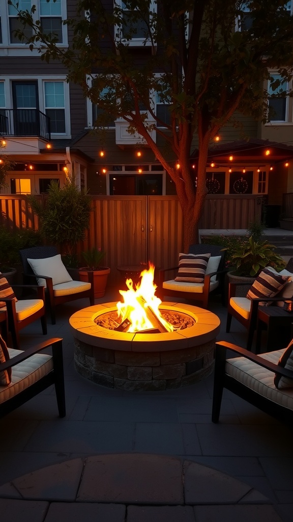 A cozy fire pit area with stone seating and string lights illuminating the surroundings.