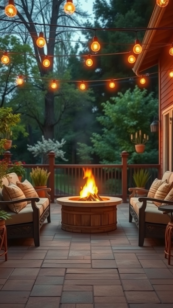 A cozy patio scene featuring a fire pit, comfortable seating, and string lights