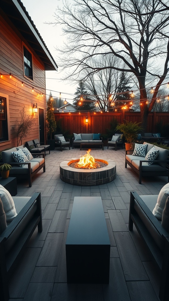 A cozy fire pit lounge with comfortable seating, a central fire pit, and string lights above