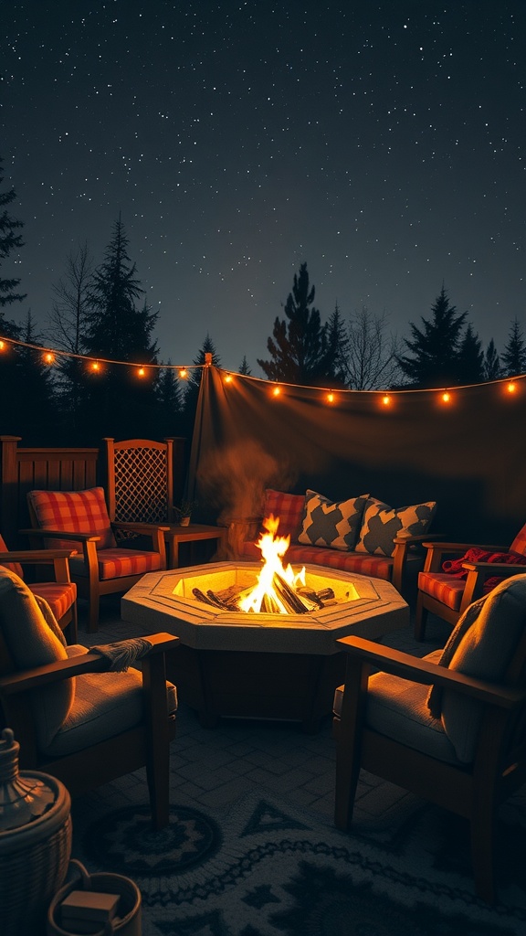 A cozy outdoor fire pit lounge with comfortable seating, string lights, and a starry sky.