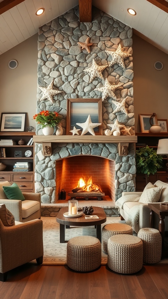 A cozy living room featuring a stone fireplace, natural decor, and comfortable seating.