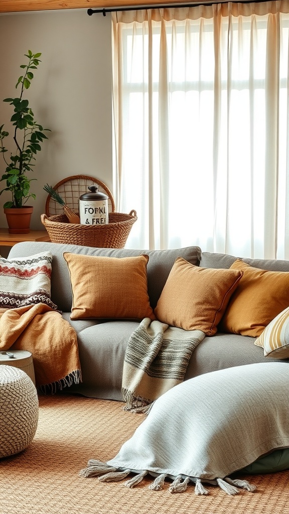 A cozy living room with layered textiles, featuring a gray sofa, orange cushions, and a woven throw blanket.