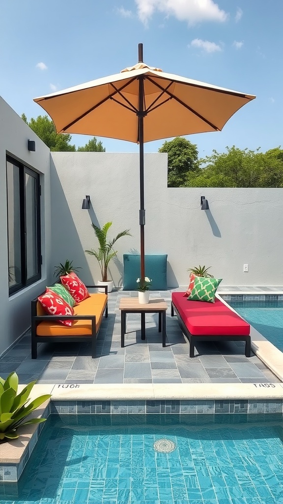 Cozy lounge area with colorful cushions and an umbrella on a small pool deck.