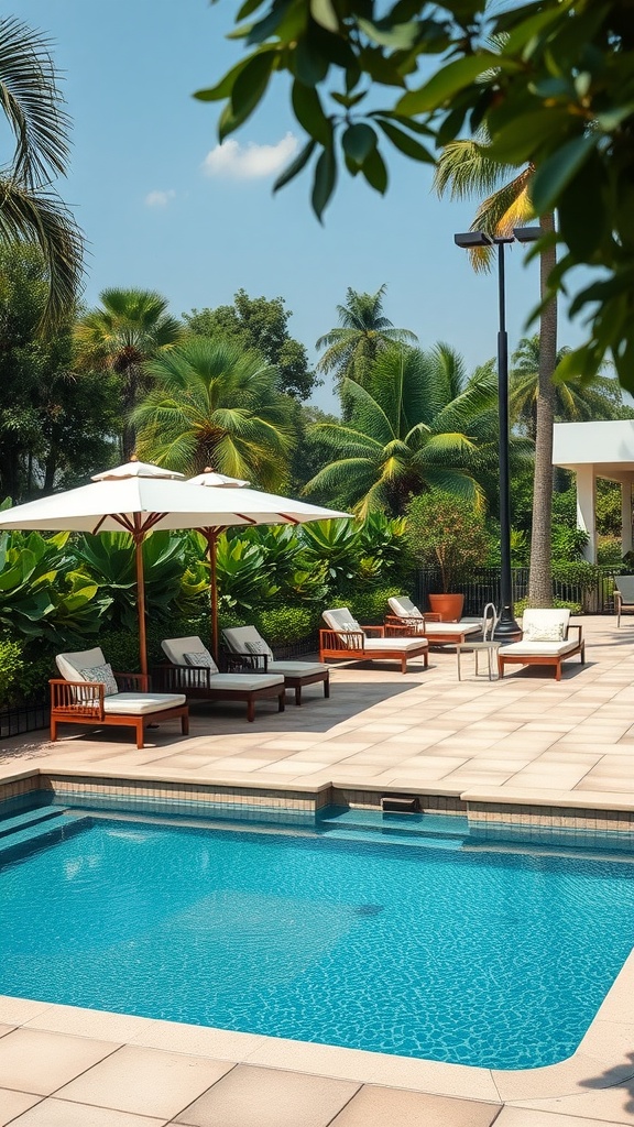 Outdoor pool area with lounge chairs and umbrellas surrounded by greenery