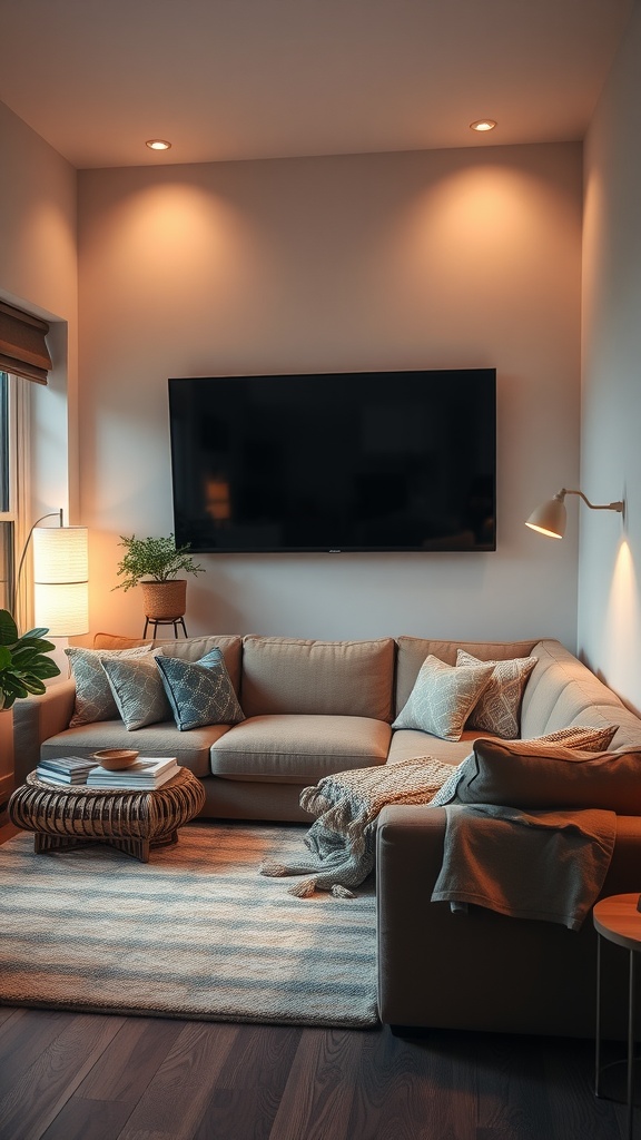 Cozy TV room with sectional sofa, soft lighting, and a wall-mounted TV.