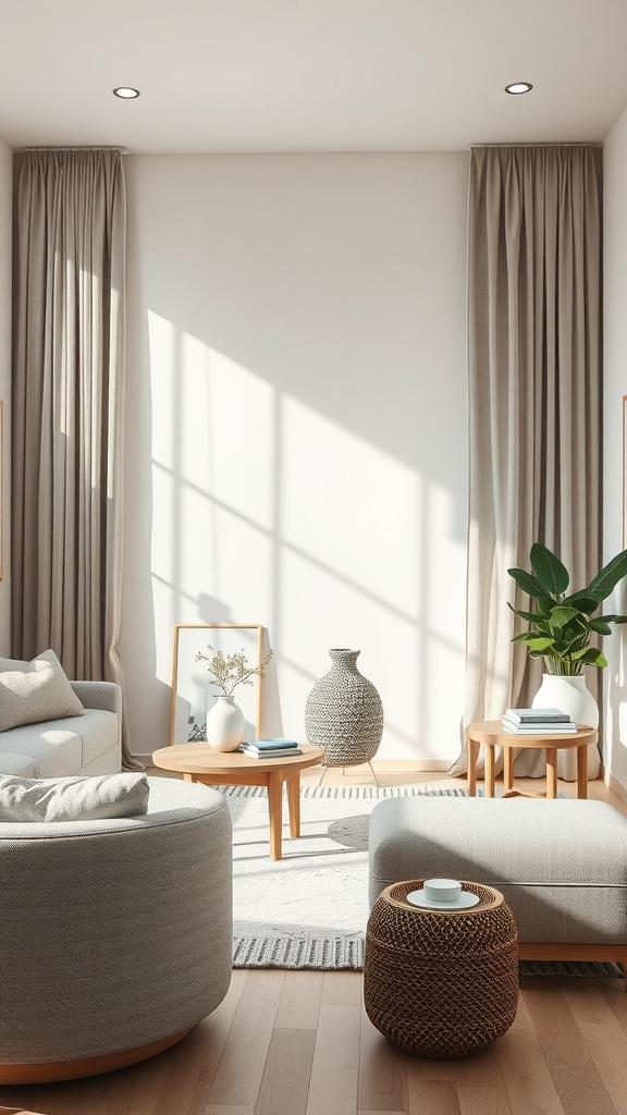 A cozy living room featuring a neutral palette with natural light, soft furnishings, and decorative elements.