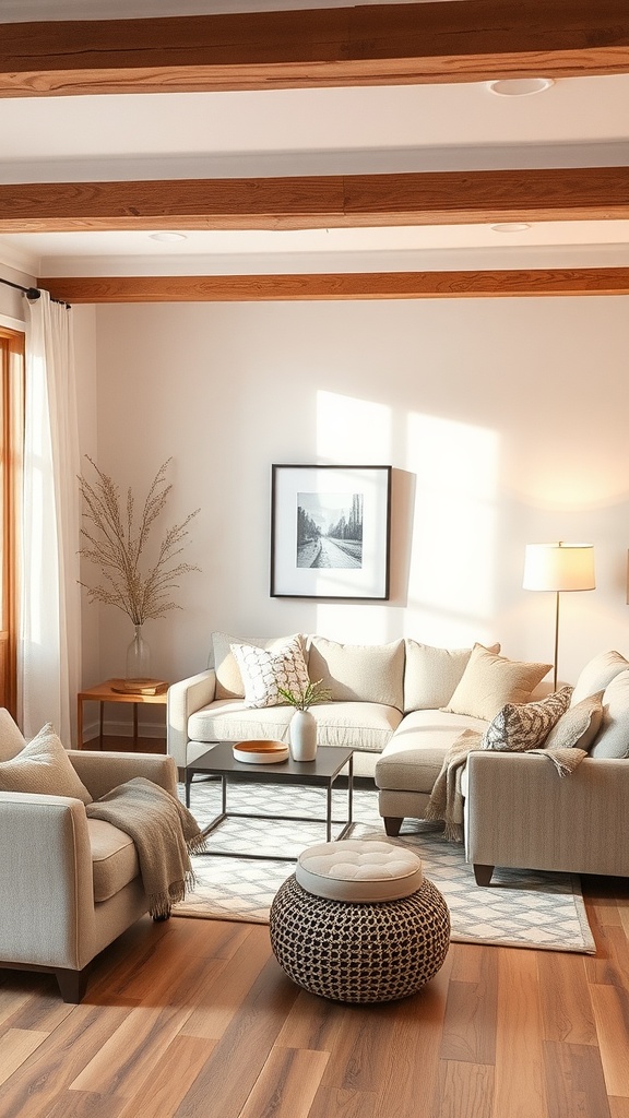 Cozy living room with neutral tones, featuring a sectional sofa, wooden beams, and soft lighting.