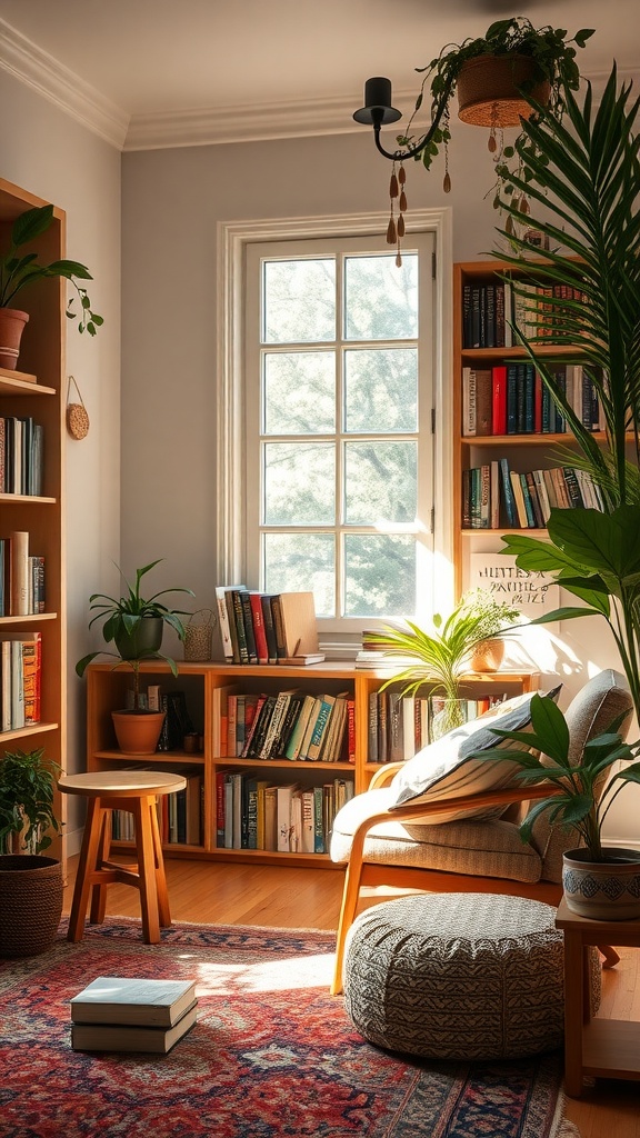 A cozy boho-inspired reading nook with a comfortable chair, plants, a small table, and bookshelves.