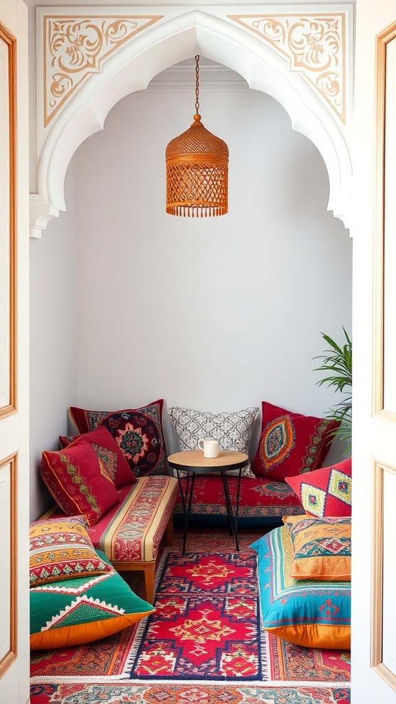 A cozy Moroccan-inspired nook with colorful pillows and a warm lighting.