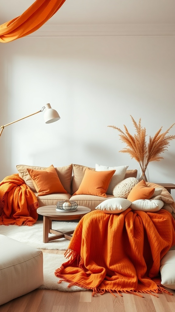 Cozy living room with orange textiles including throws and pillows