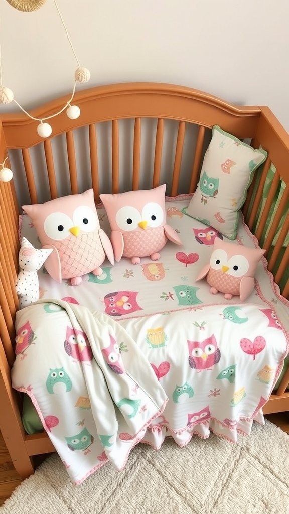 Owl-themed crib with pastel bedding and plush owl pillows