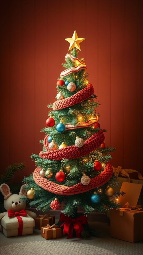 A cozy pencil Christmas tree with sweater garlands, colorful ornaments, a golden star topper, and wrapped gifts at the base.