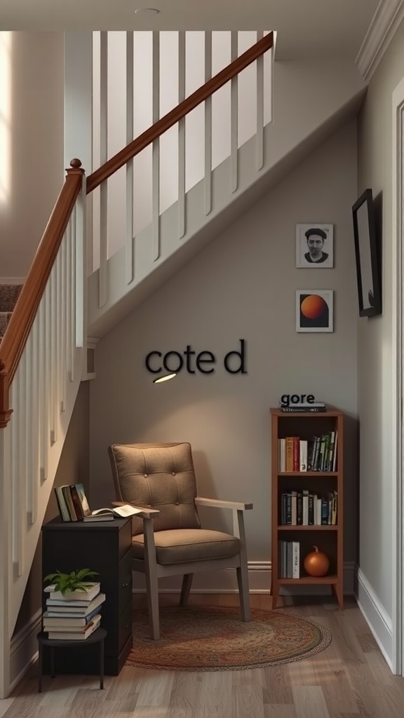 Cozy reading corner under the stairs with a chair, small bookshelf, and decorative elements.