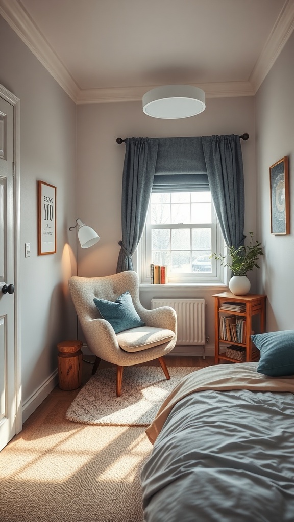 A cozy reading corner in a bedroom featuring a comfortable armchair, natural light from a window, and a small bookshelf.