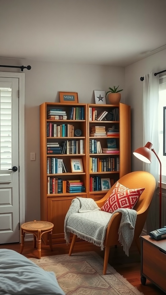 Cozy reading nook with a modern chair, bookshelf filled with books, and a small side table