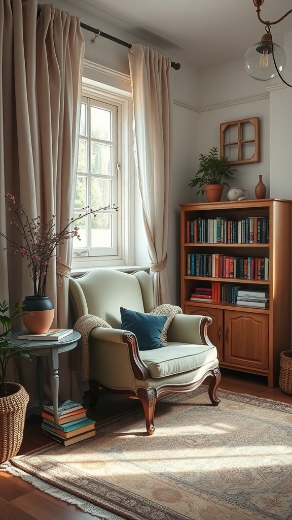 A cozy reading nook featuring a soft armchair, a side table with books, and natural light from a window.