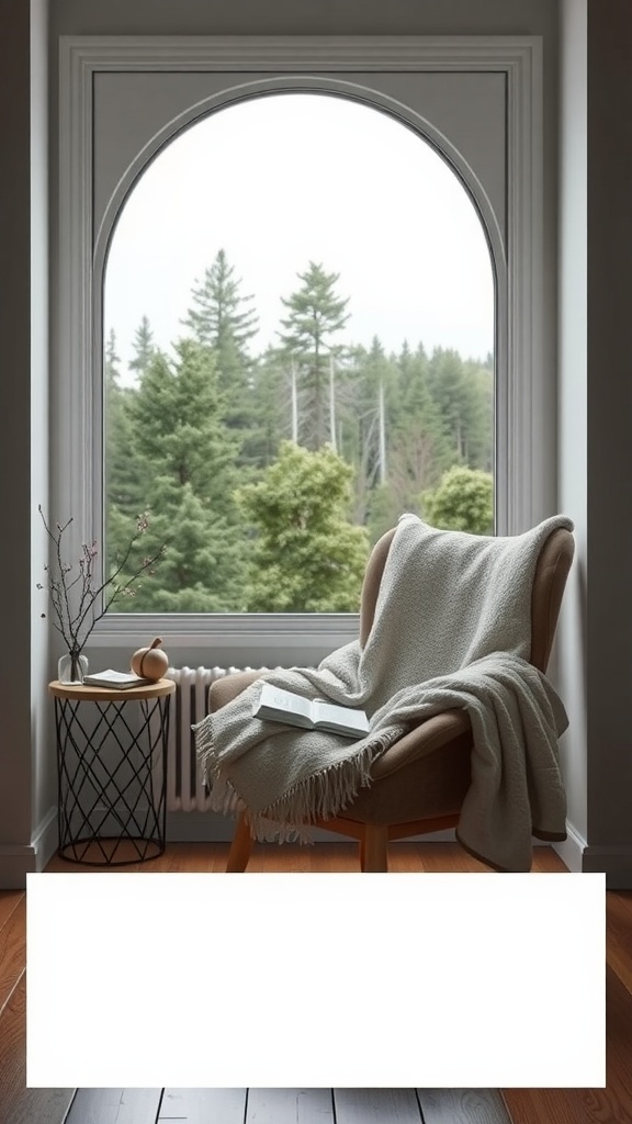 Cozy reading nook featuring an armchair by a large arched window with a view of trees outside