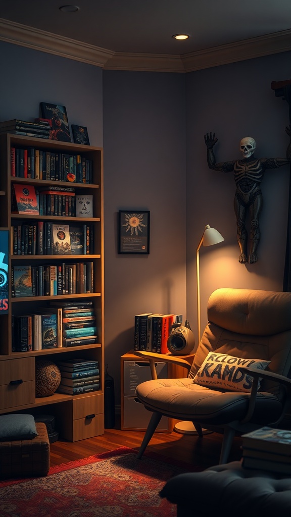 A cozy reading nook featuring a comfy chair, bookshelves filled with game lore books, warm lighting, and thematic decorations.