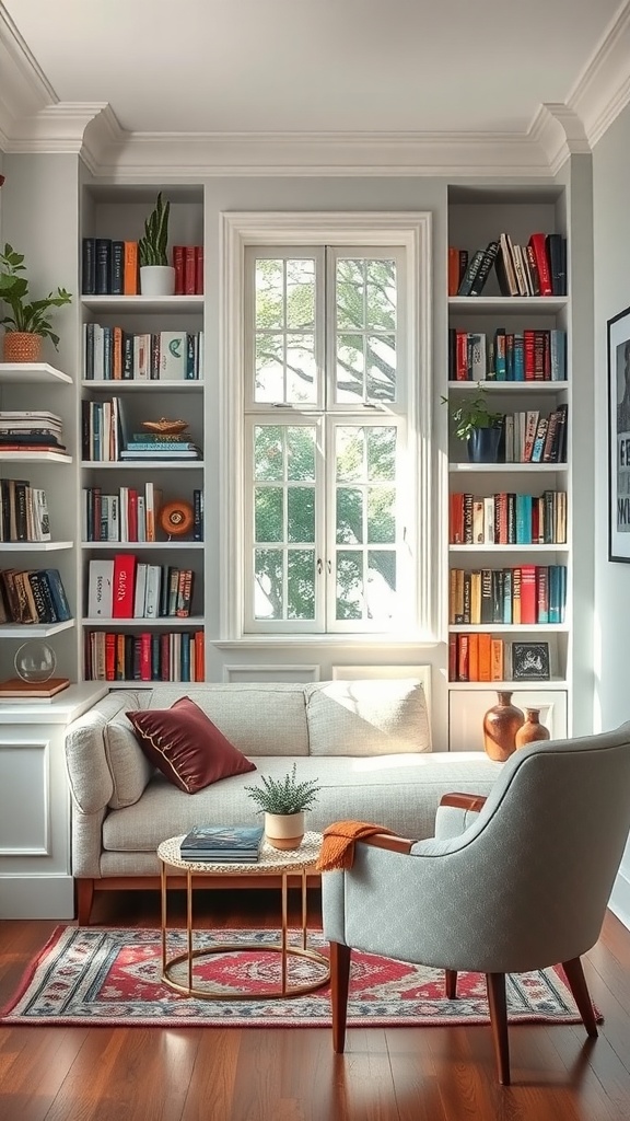 Cozy reading nook with a white couch, bookshelves, and natural light