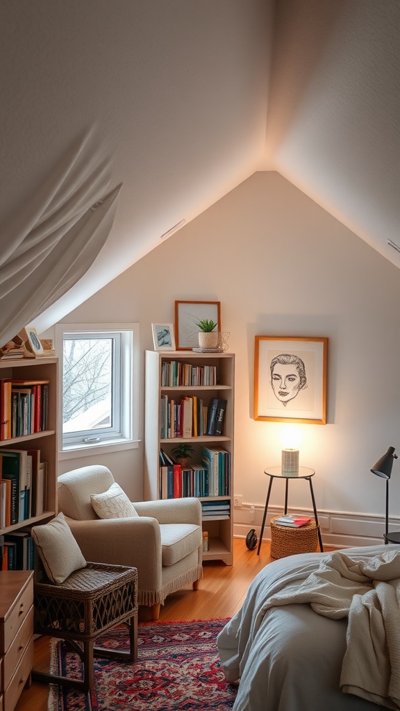 Cozy reading nook under the eaves with a chair, bookshelves, and warm lighting.